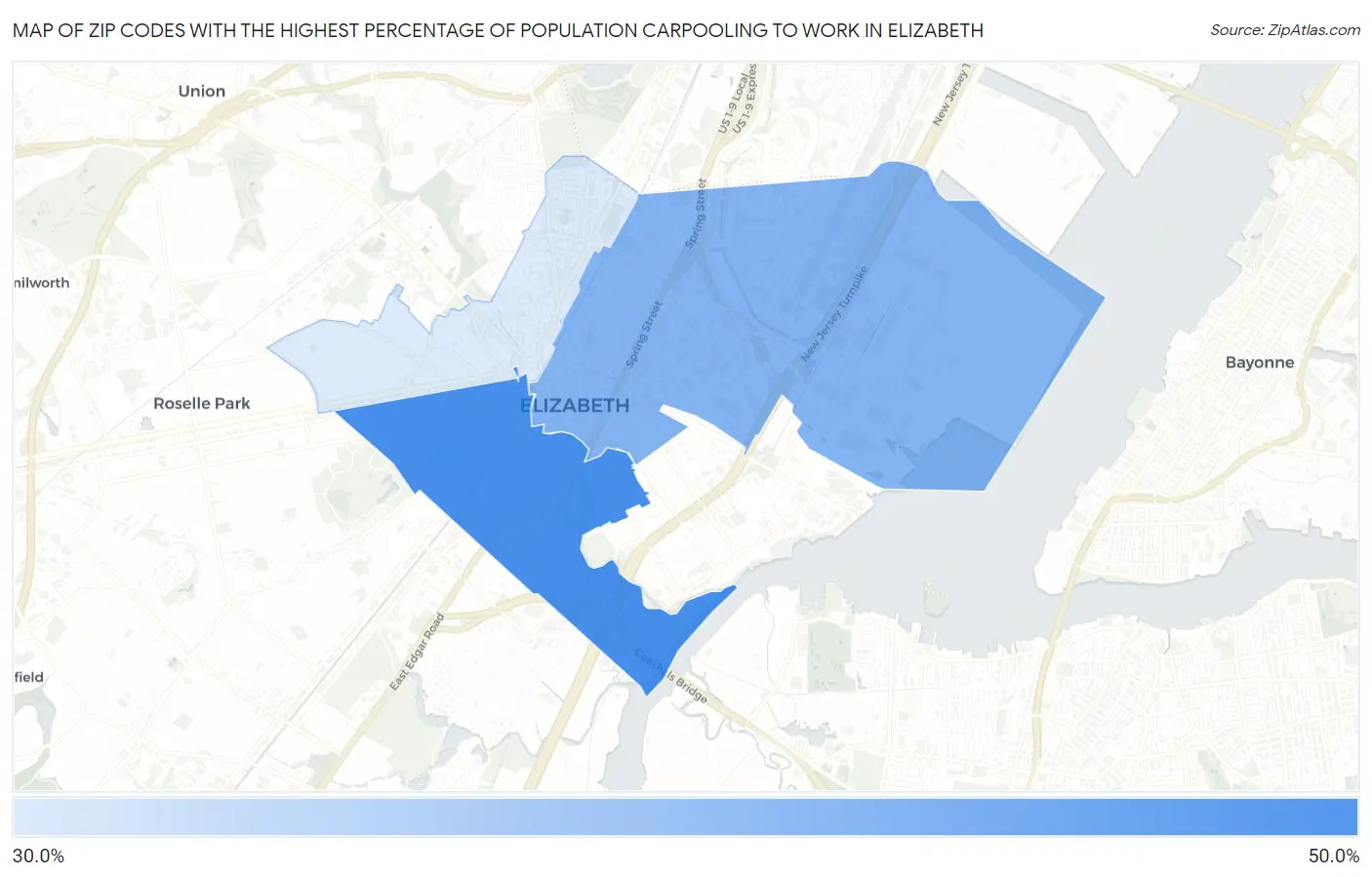 Zip Codes with the Highest Percentage of Population Carpooling to Work in Elizabeth Map