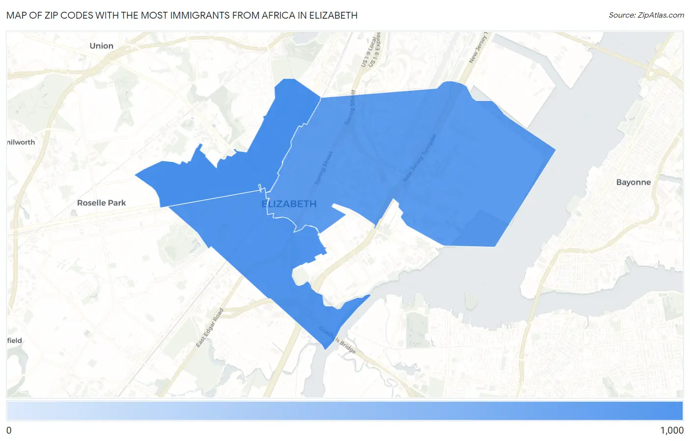 Zip Codes with the Most Immigrants from Africa in Elizabeth Map