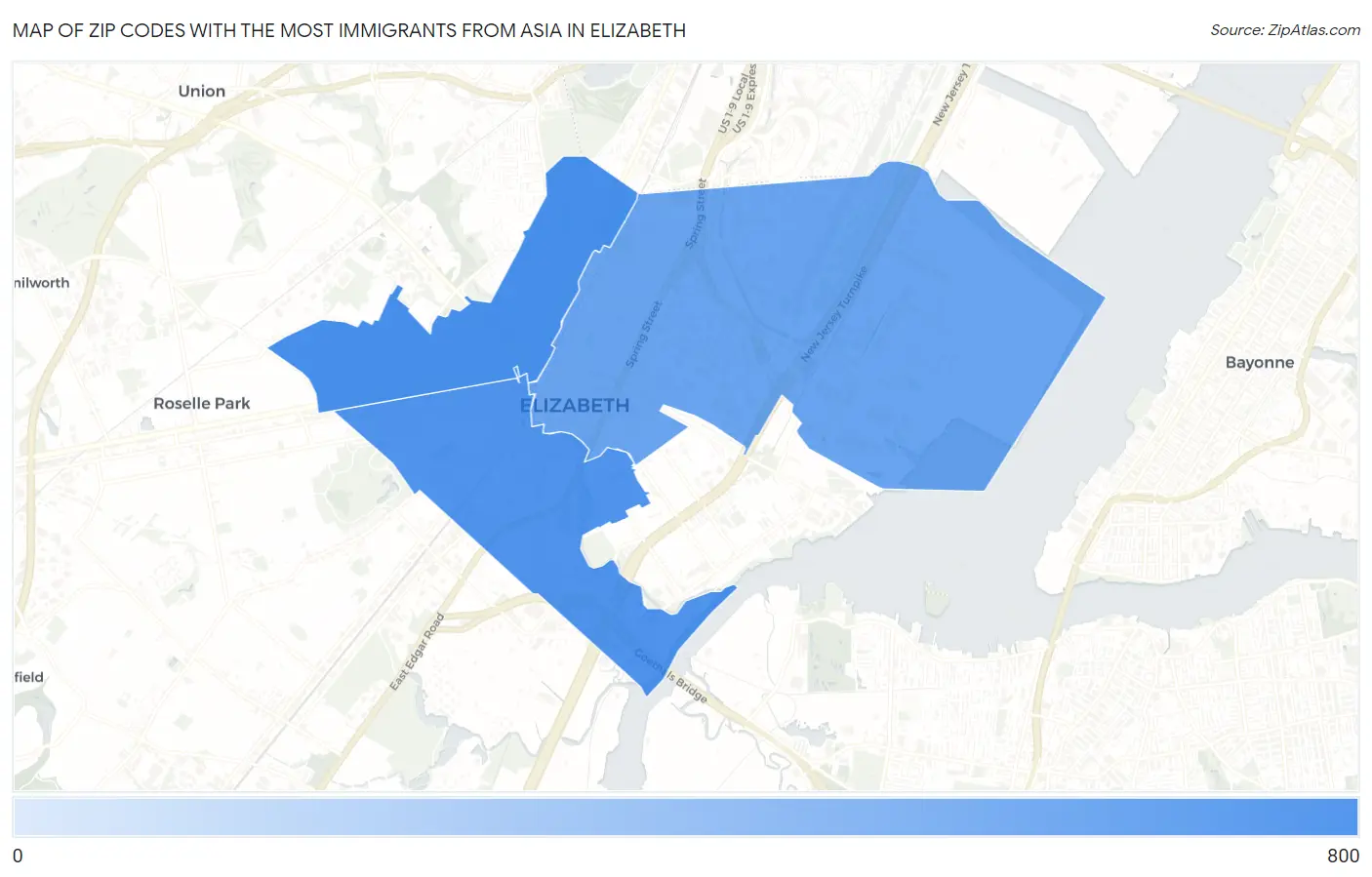Zip Codes with the Most Immigrants from Asia in Elizabeth Map