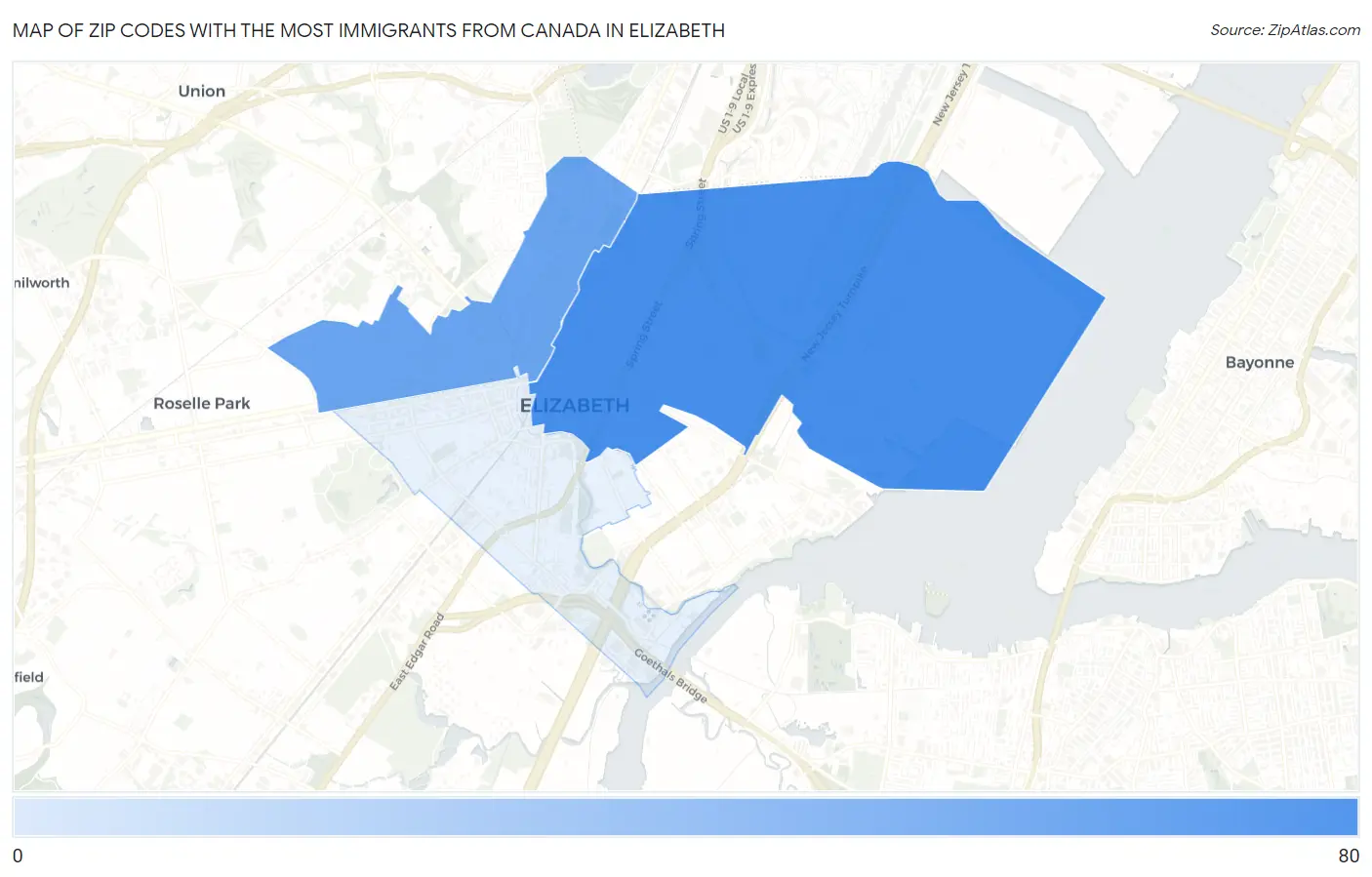 Zip Codes with the Most Immigrants from Canada in Elizabeth Map