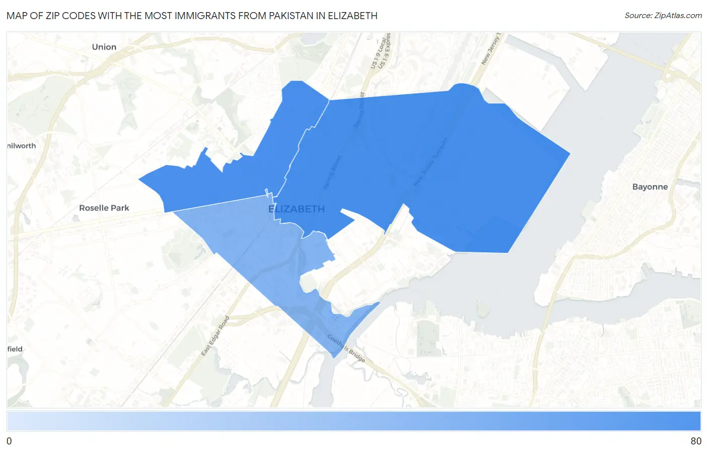 Zip Codes with the Most Immigrants from Pakistan in Elizabeth Map