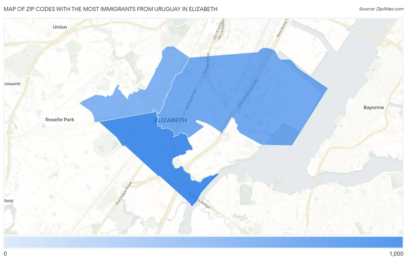 Zip Codes with the Most Immigrants from Uruguay in Elizabeth Map