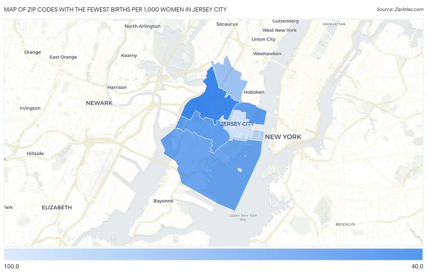 Zip Codes with the Fewest Births per 1,000 Women in Jersey City Map
