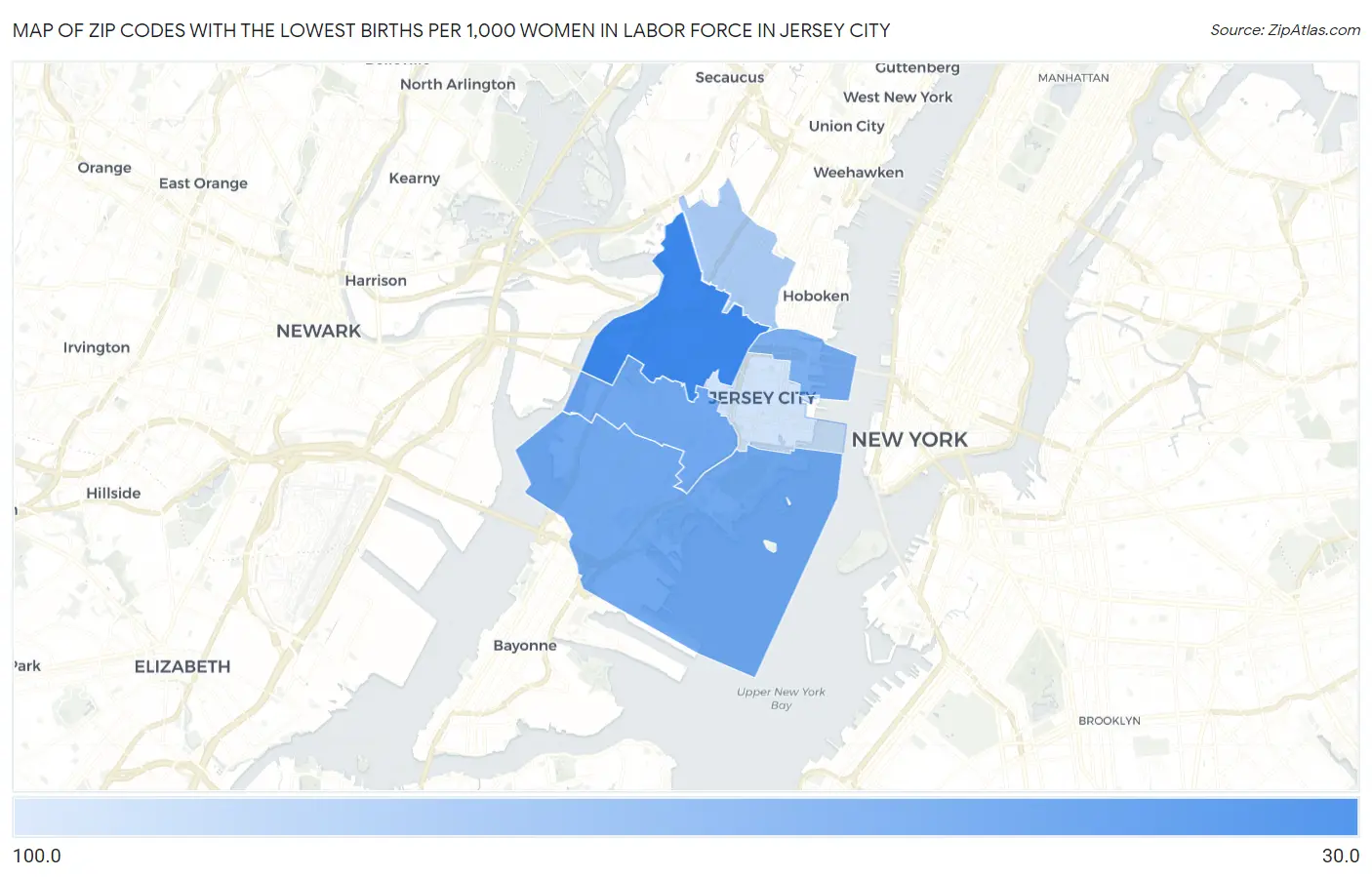 Zip Codes with the Lowest Births per 1,000 Women in Labor Force in Jersey City Map