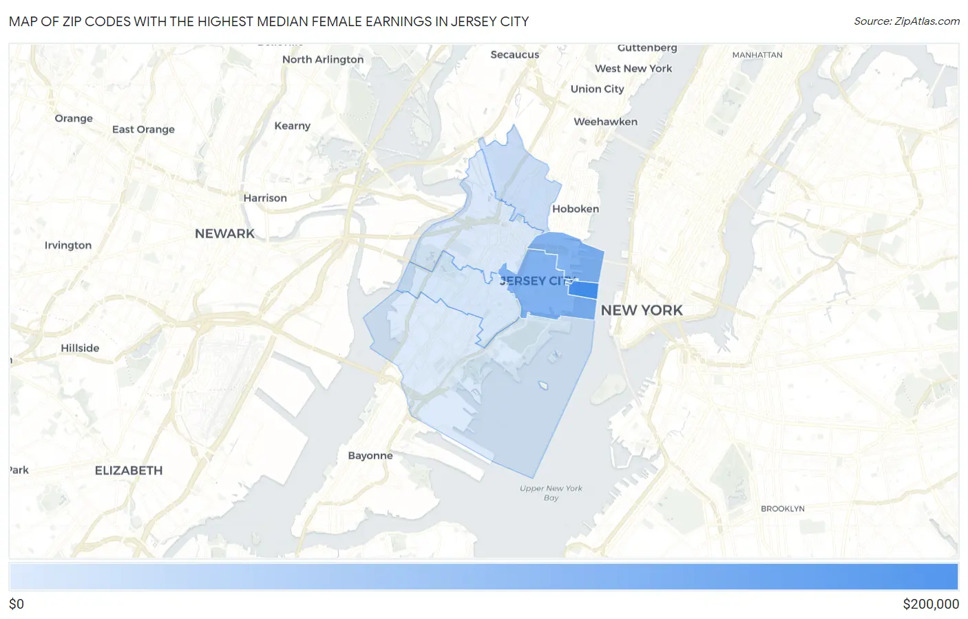 Zip Codes with the Highest Median Female Earnings in Jersey City Map