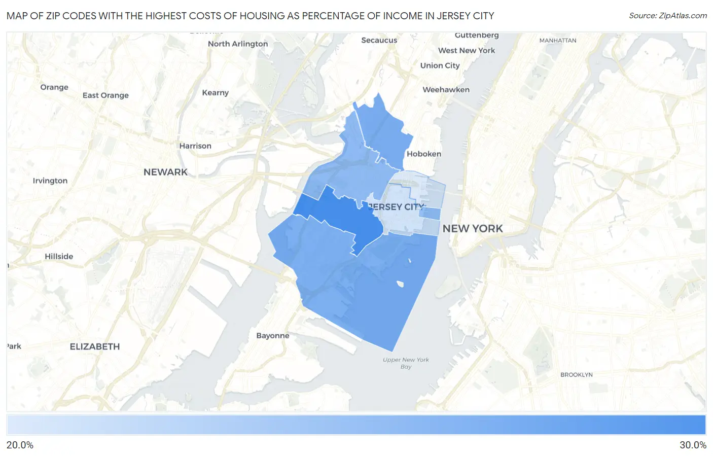 Zip Codes with the Highest Costs of Housing as Percentage of Income in Jersey City Map