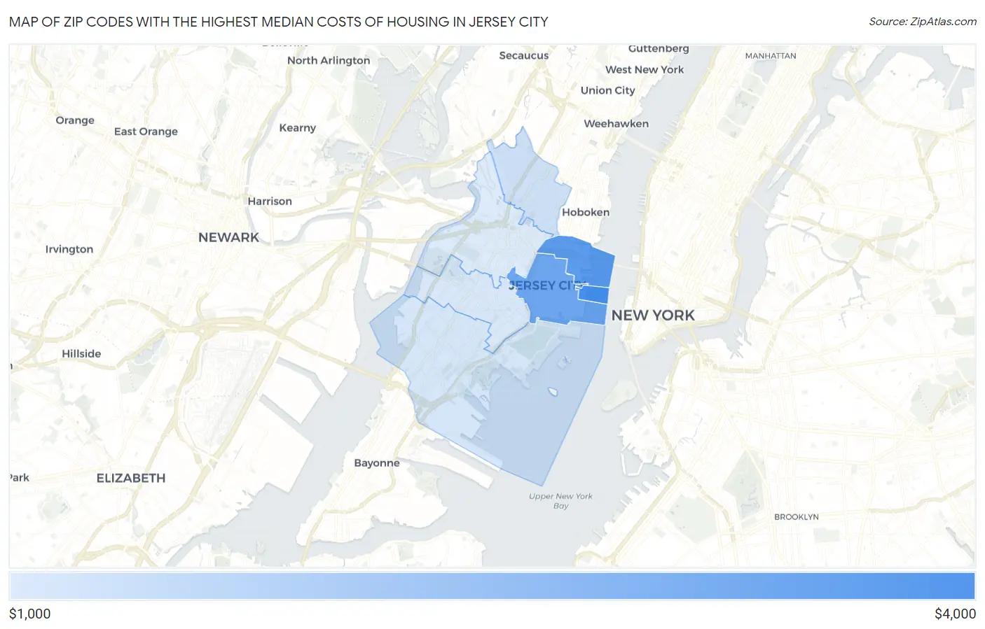 Zip Codes with the Highest Median Costs of Housing in Jersey City Map