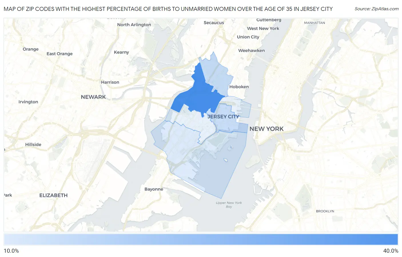Zip Codes with the Highest Percentage of Births to Unmarried Women over the Age of 35 in Jersey City Map