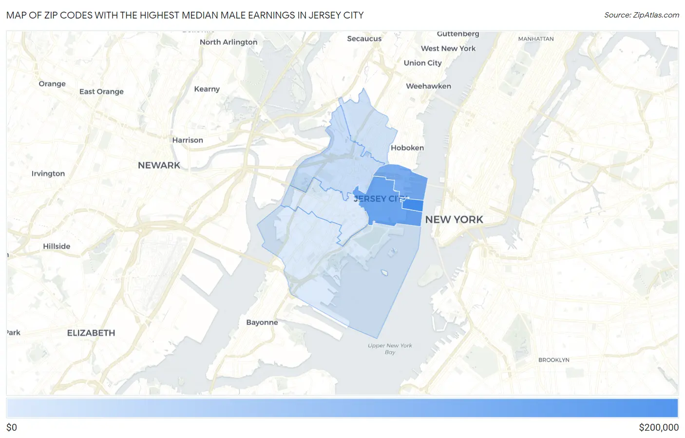 Zip Codes with the Highest Median Male Earnings in Jersey City Map