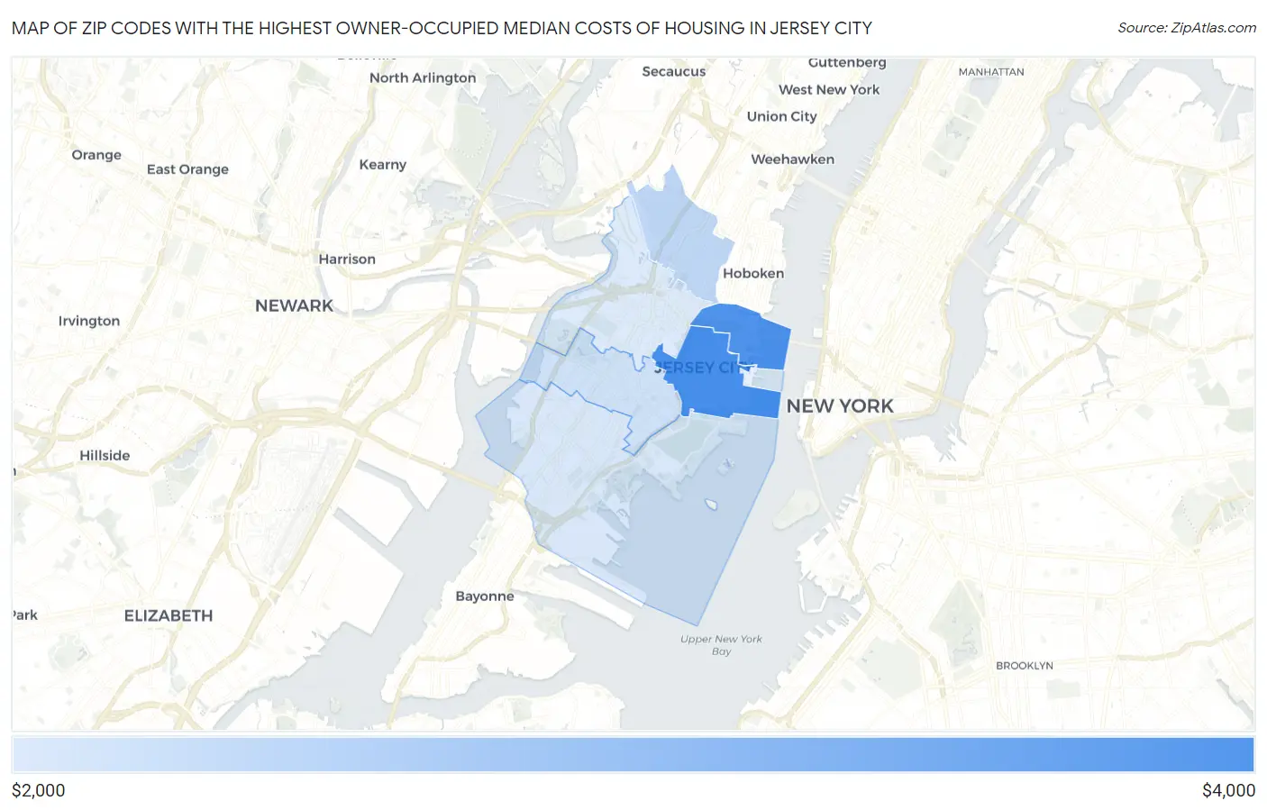 Zip Codes with the Highest Owner-Occupied Median Costs of Housing in Jersey City Map