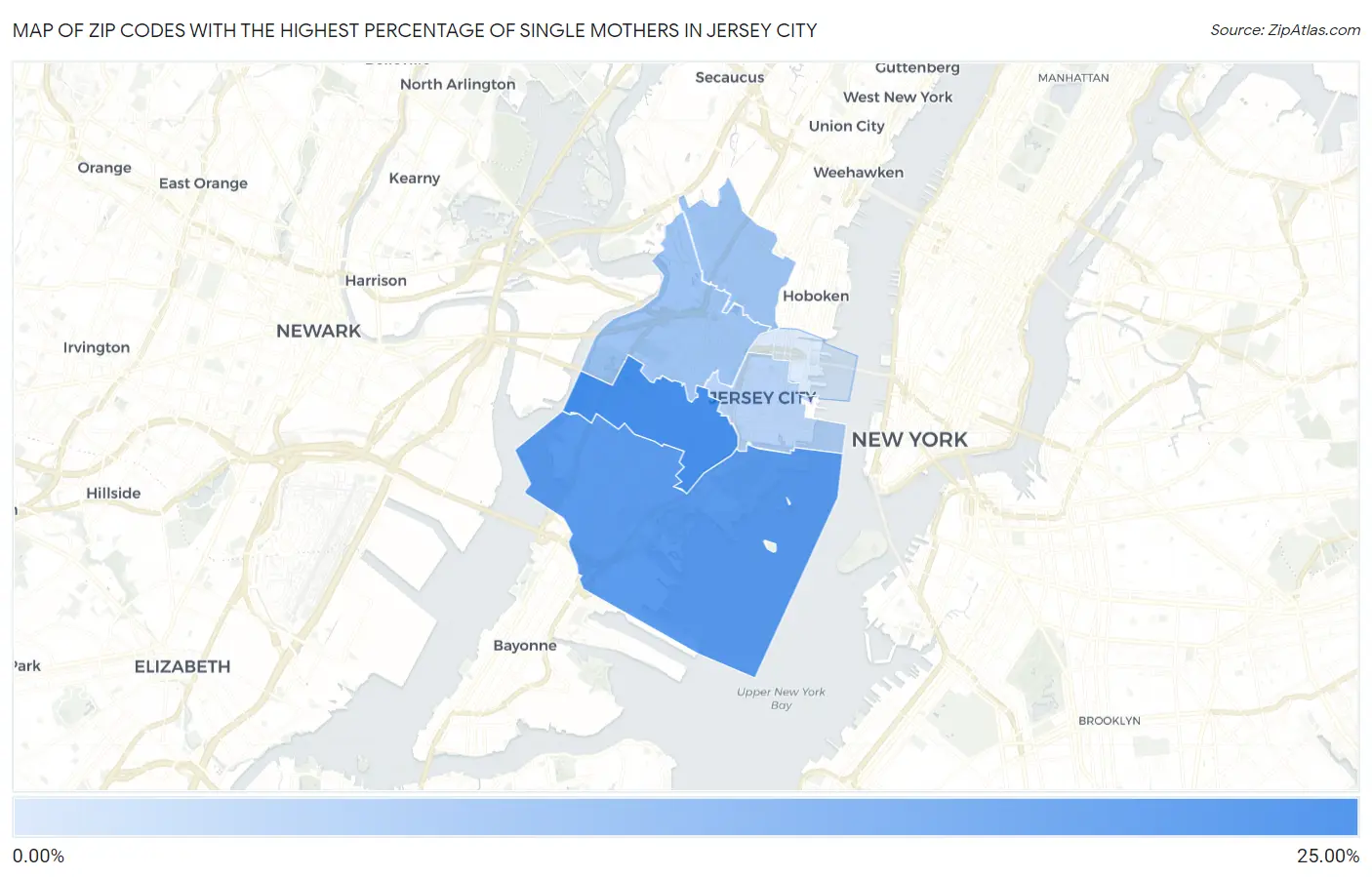 Zip Codes with the Highest Percentage of Single Mothers in Jersey City Map