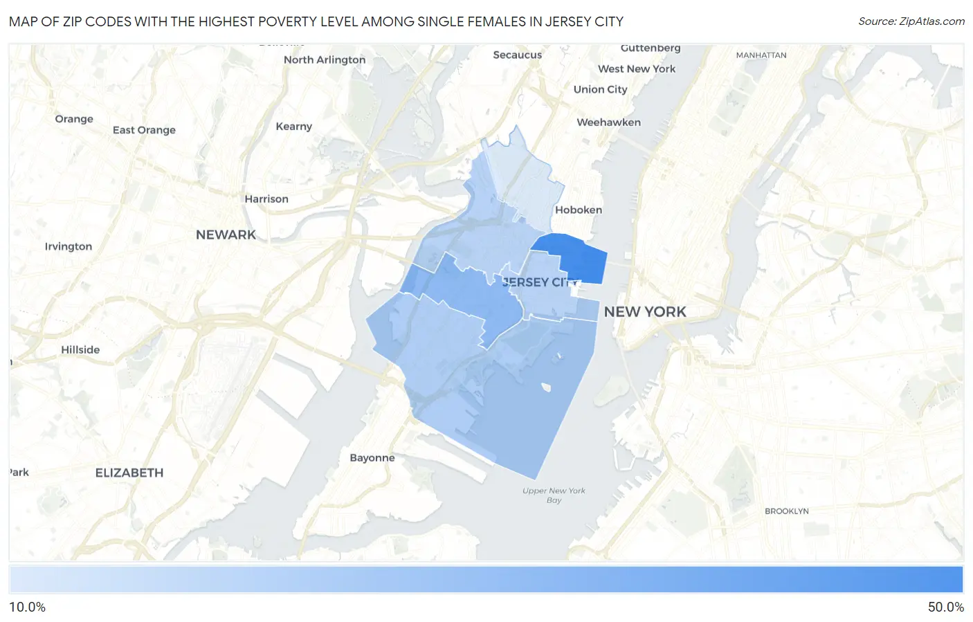 Zip Codes with the Highest Poverty Level Among Single Females in Jersey City Map
