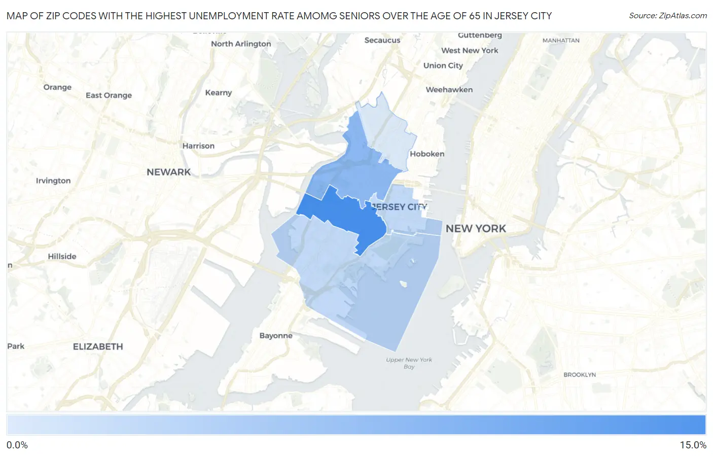 Zip Codes with the Highest Unemployment Rate Amomg Seniors Over the Age of 65 in Jersey City Map