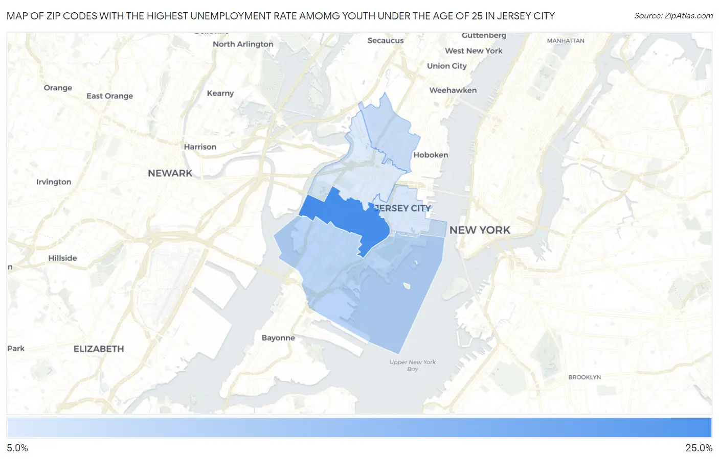 Zip Codes with the Highest Unemployment Rate Amomg Youth Under the Age of 25 in Jersey City Map