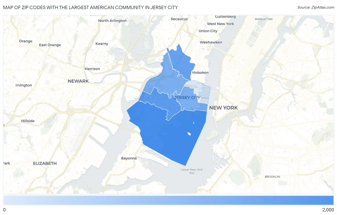 Zip Codes with the Largest American Community in Jersey City Map
