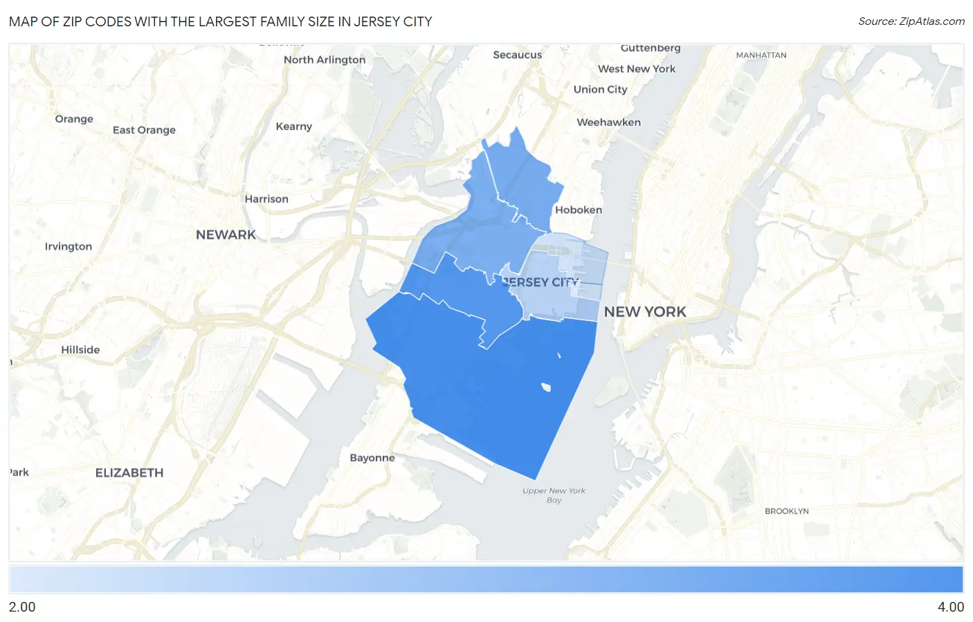 Zip Codes with the Largest Family Size in Jersey City Map