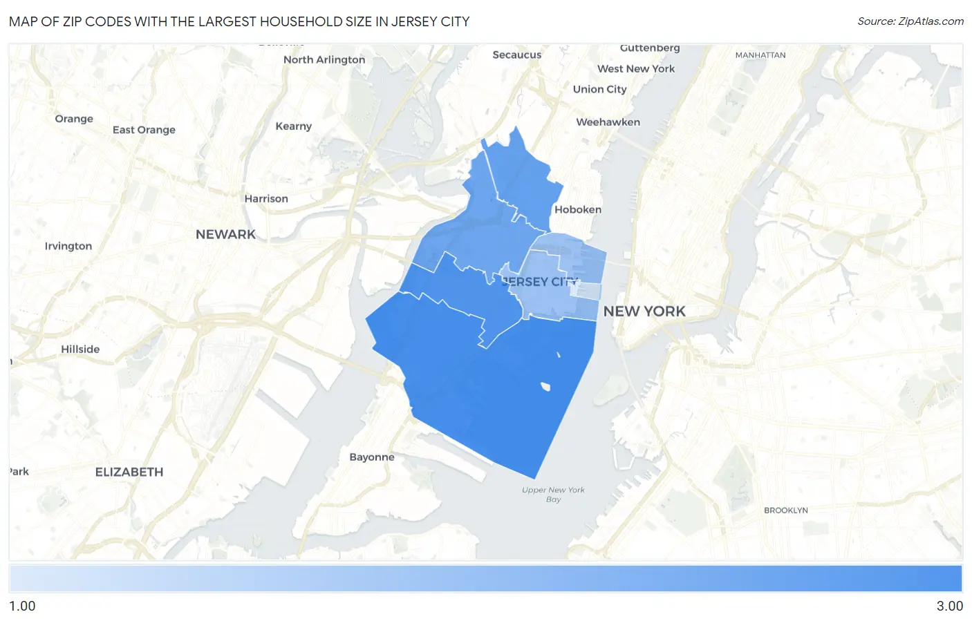 Zip Codes with the Largest Household Size in Jersey City Map