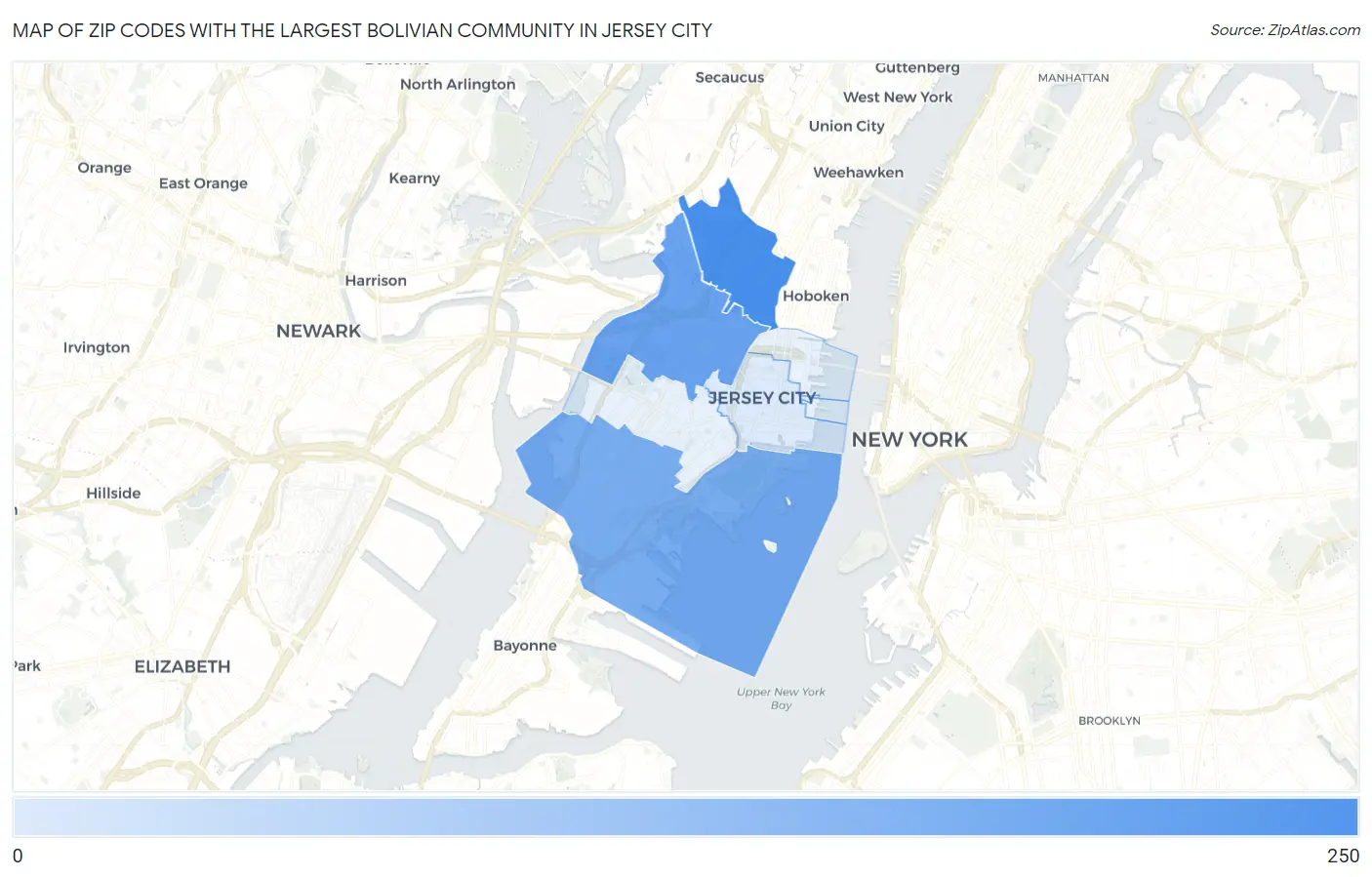 Zip Codes with the Largest Bolivian Community in Jersey City Map