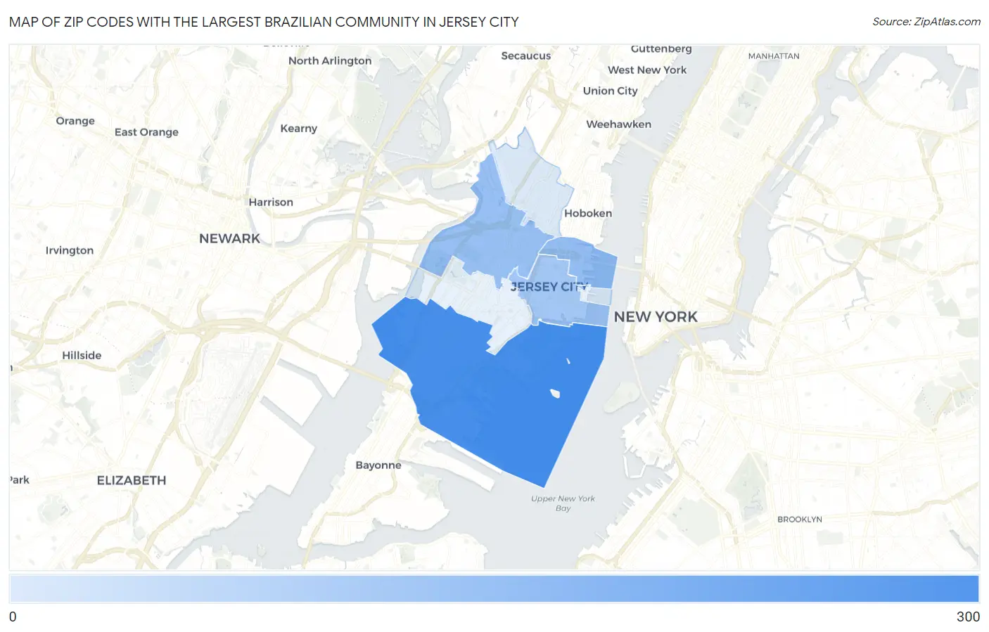 Zip Codes with the Largest Brazilian Community in Jersey City Map