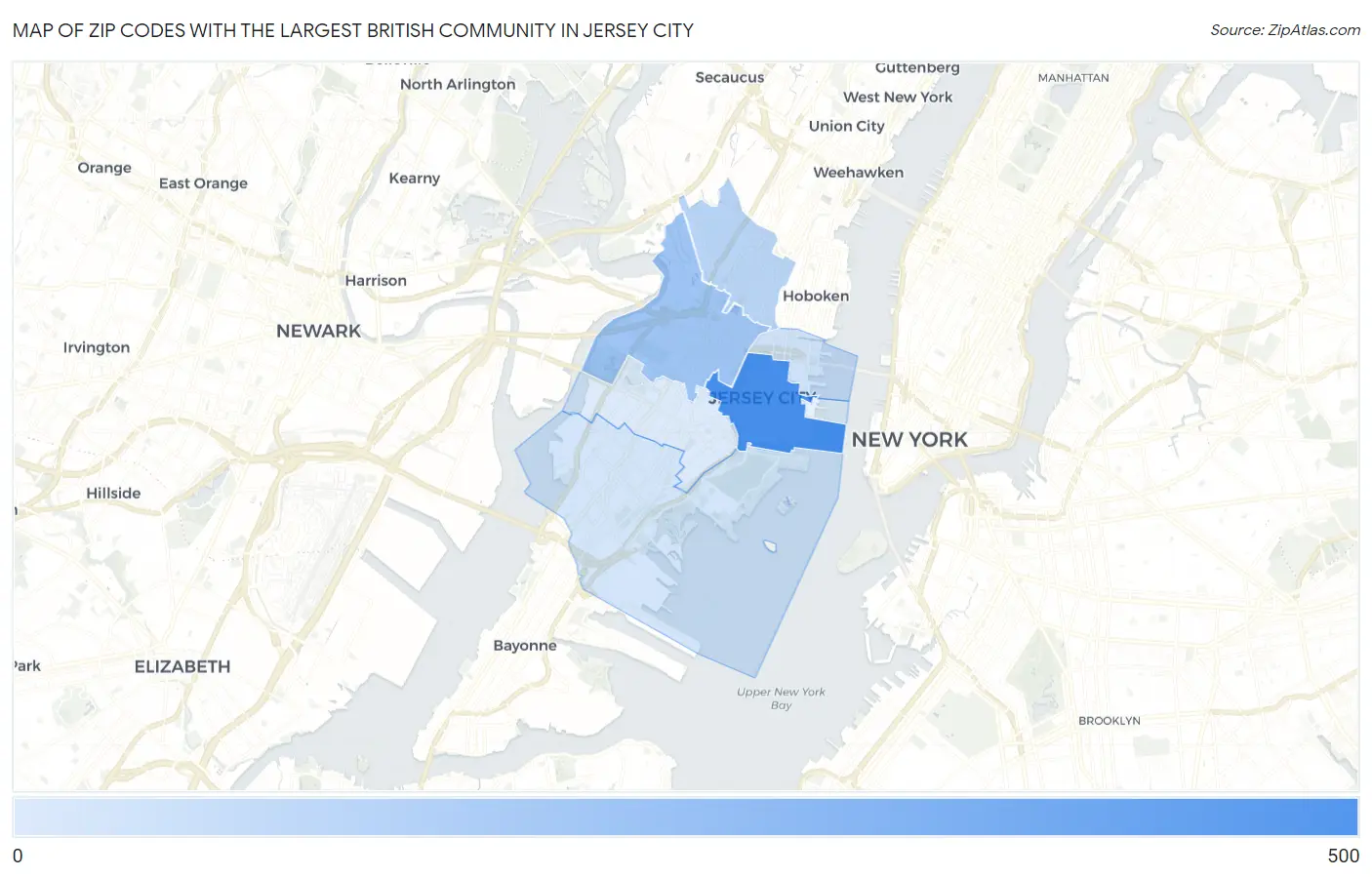 Zip Codes with the Largest British Community in Jersey City Map