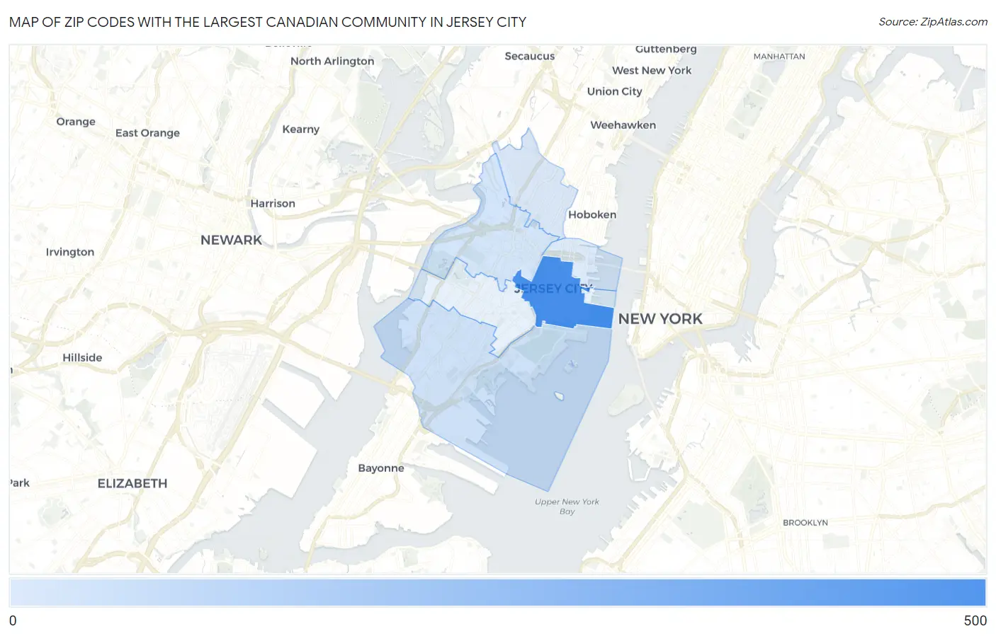 Zip Codes with the Largest Canadian Community in Jersey City Map