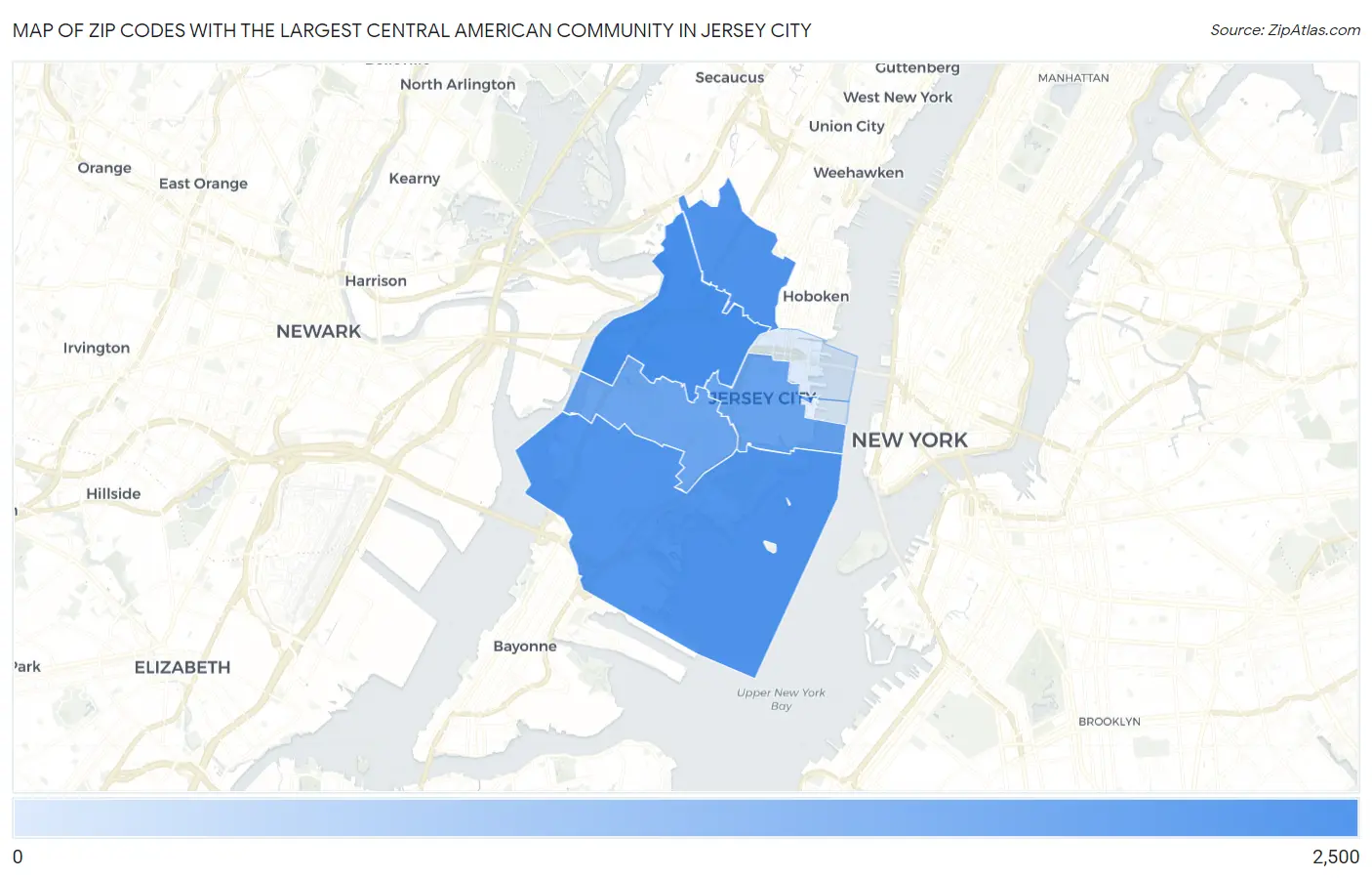 Zip Codes with the Largest Central American Community in Jersey City Map