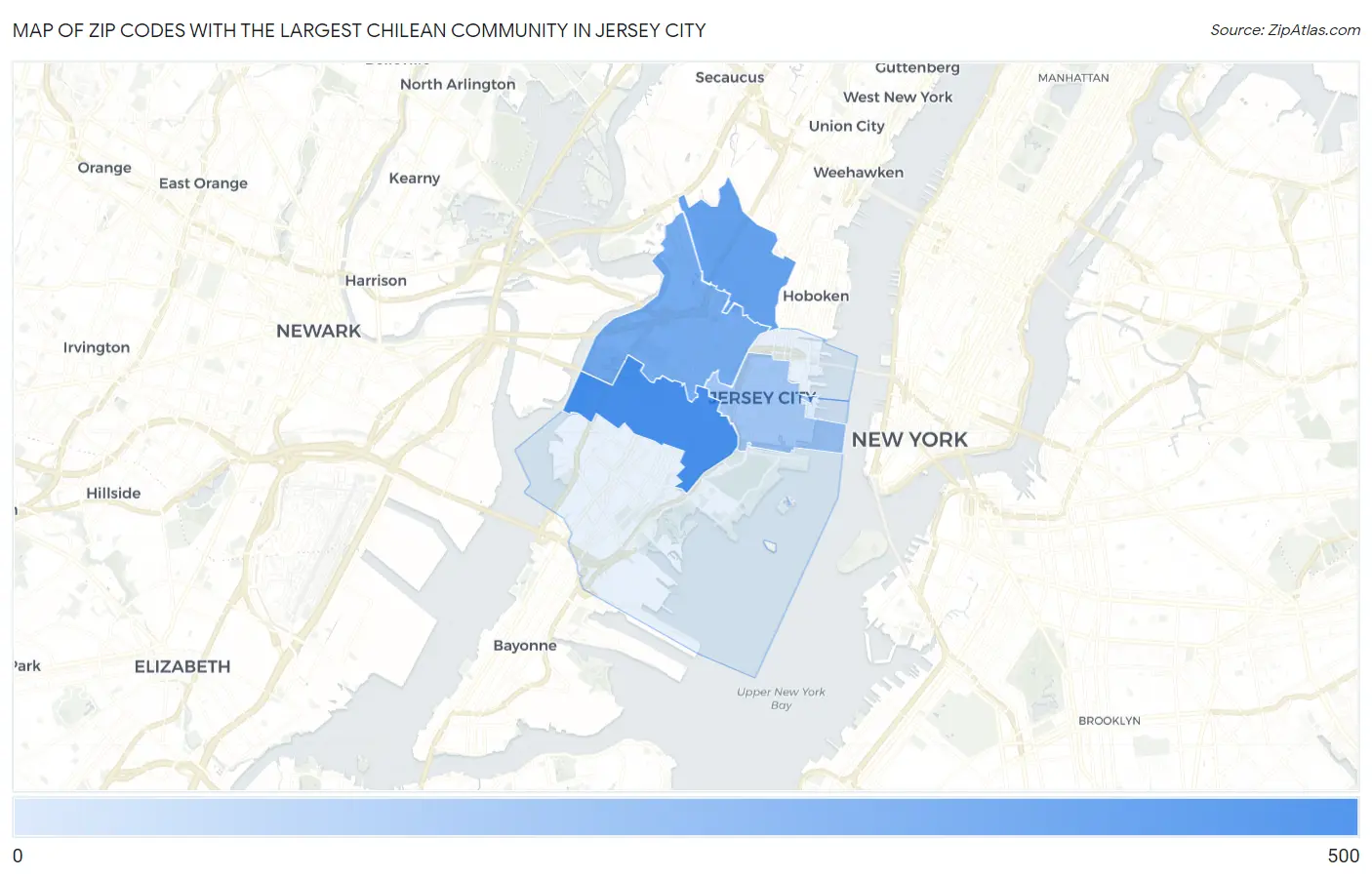 Zip Codes with the Largest Chilean Community in Jersey City Map