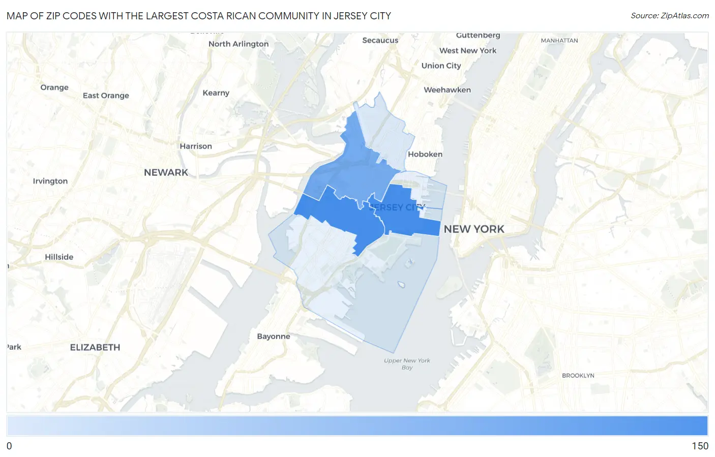 Zip Codes with the Largest Costa Rican Community in Jersey City Map