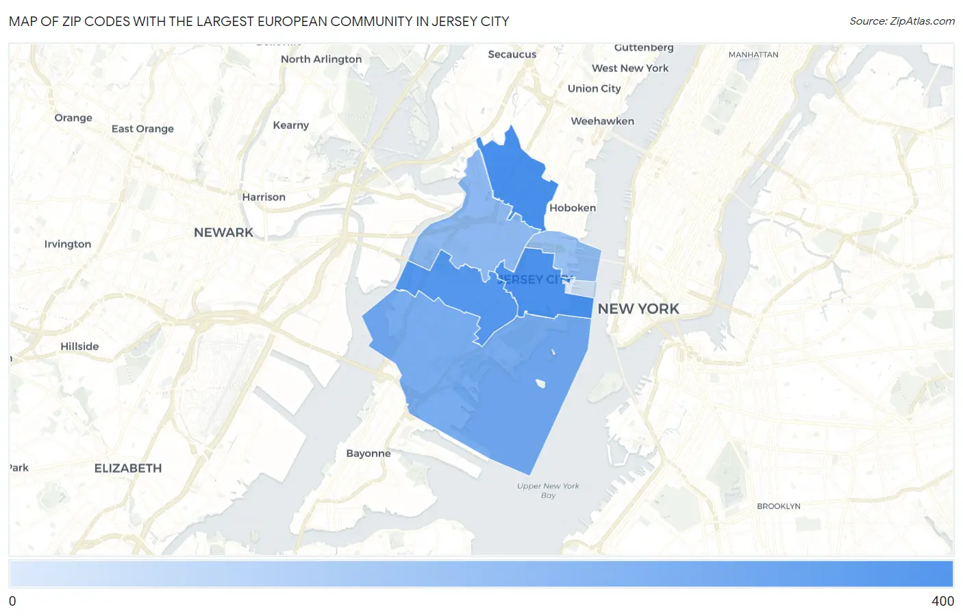 Zip Codes with the Largest European Community in Jersey City Map