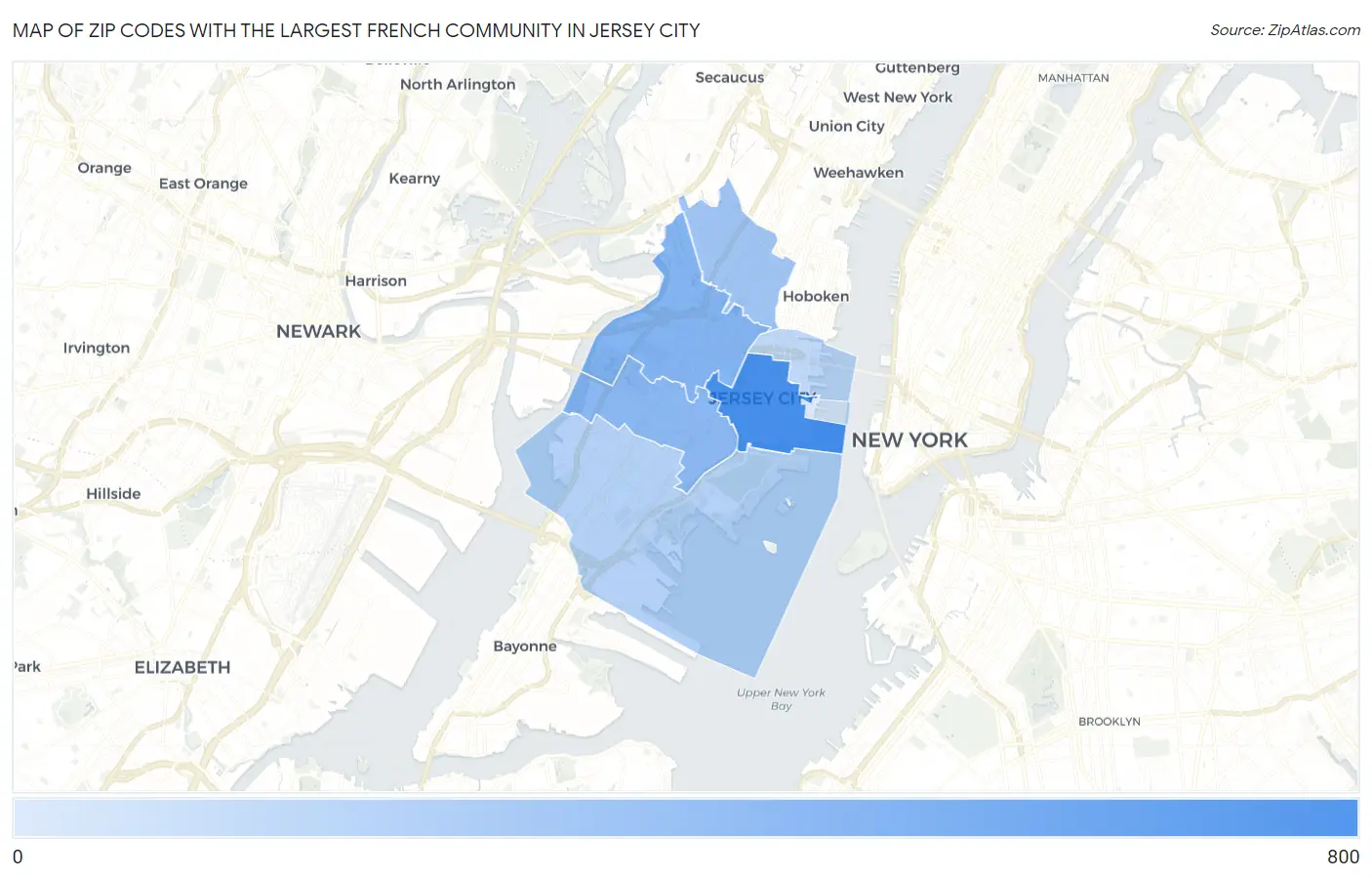 Zip Codes with the Largest French Community in Jersey City Map