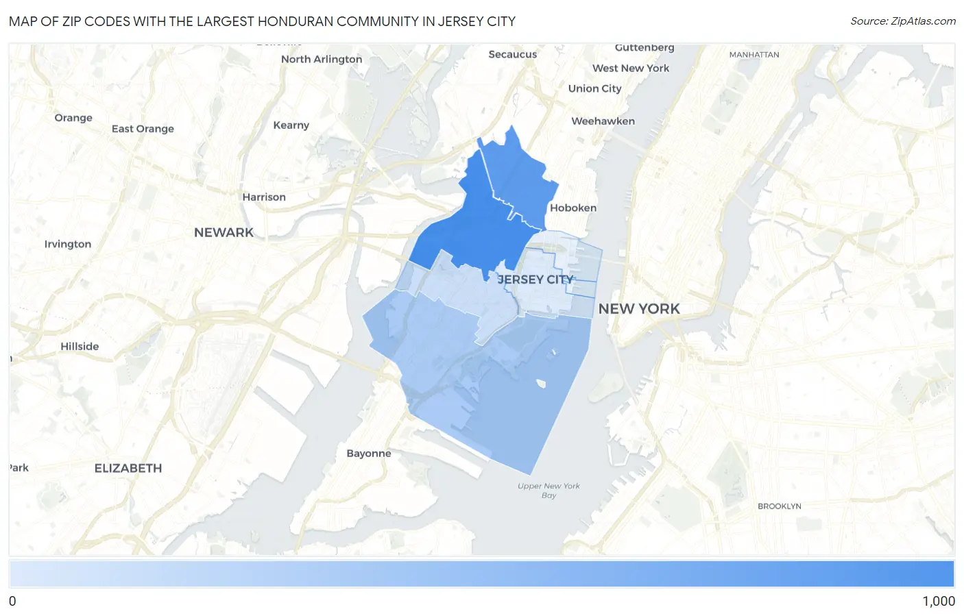 Zip Codes with the Largest Honduran Community in Jersey City Map