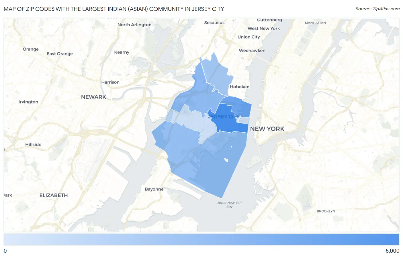 Zip Codes with the Largest Indian (Asian) Community in Jersey City Map