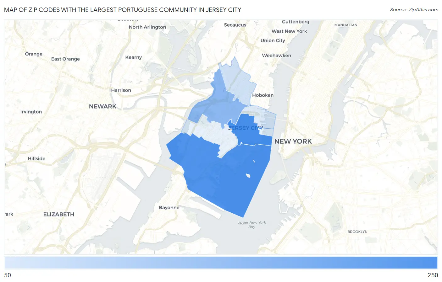 Zip Codes with the Largest Portuguese Community in Jersey City Map
