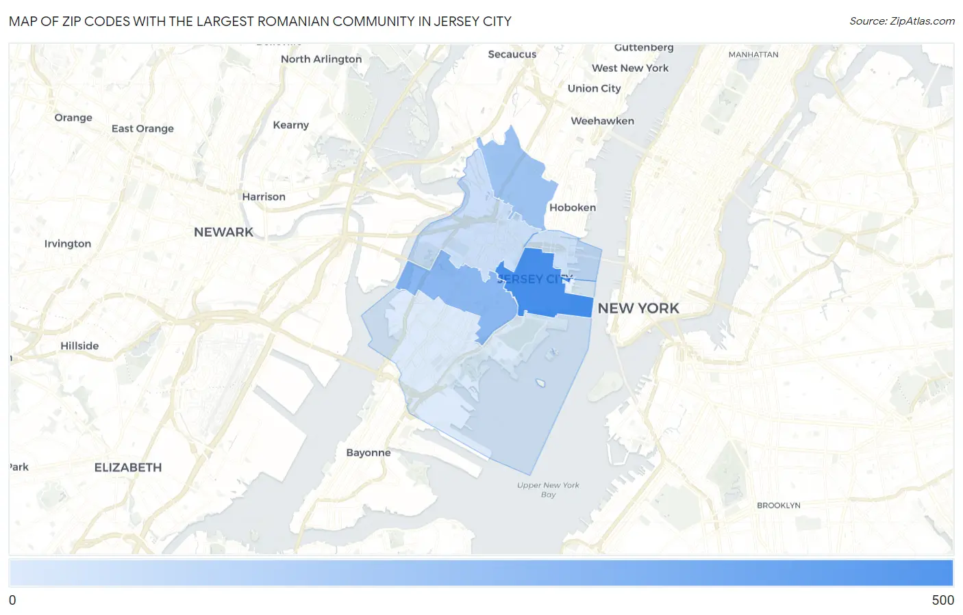 Zip Codes with the Largest Romanian Community in Jersey City Map
