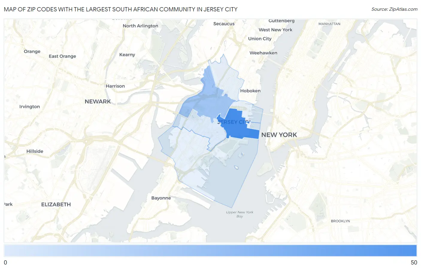 Zip Codes with the Largest South African Community in Jersey City Map