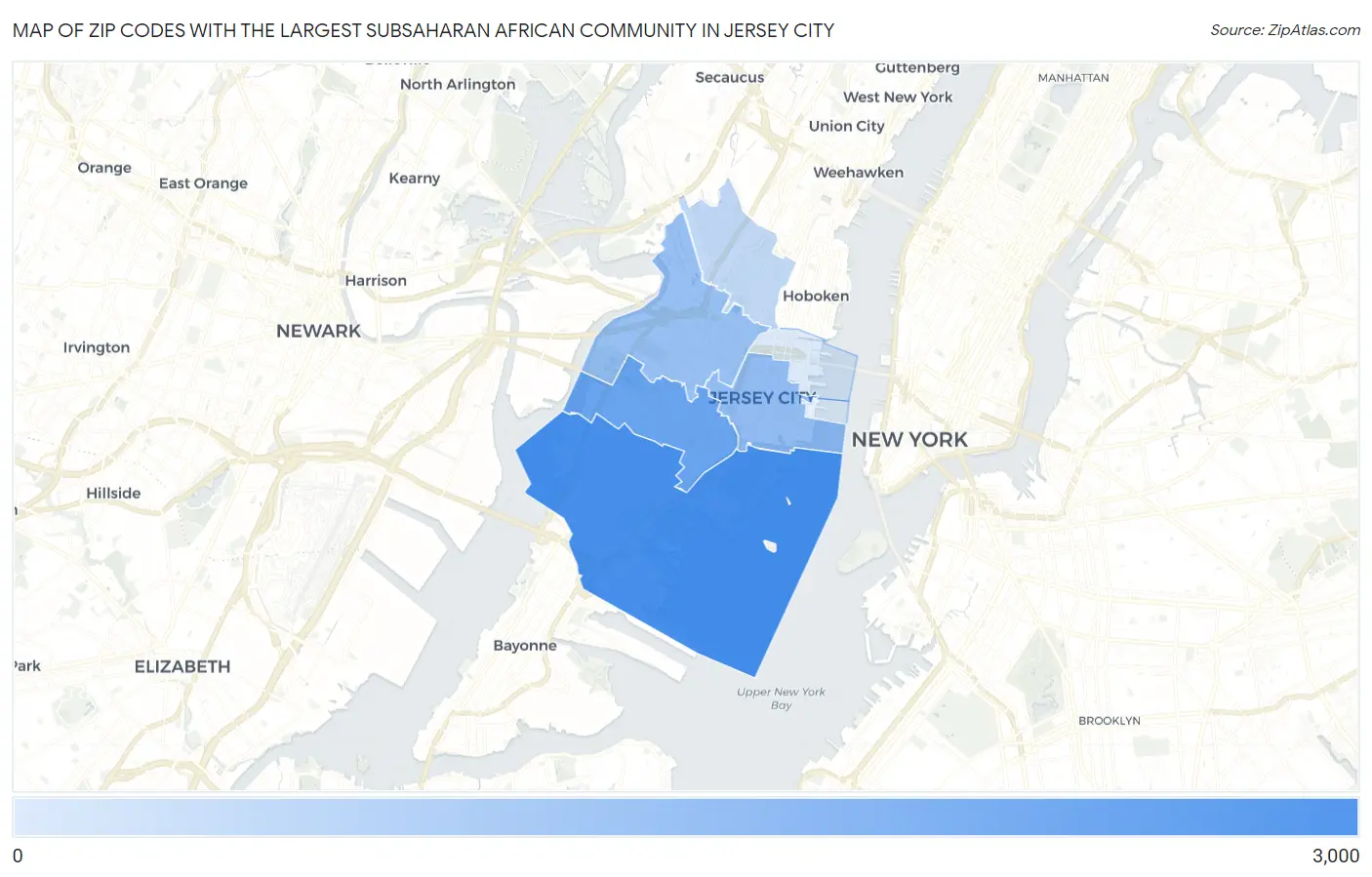 Zip Codes with the Largest Subsaharan African Community in Jersey City Map