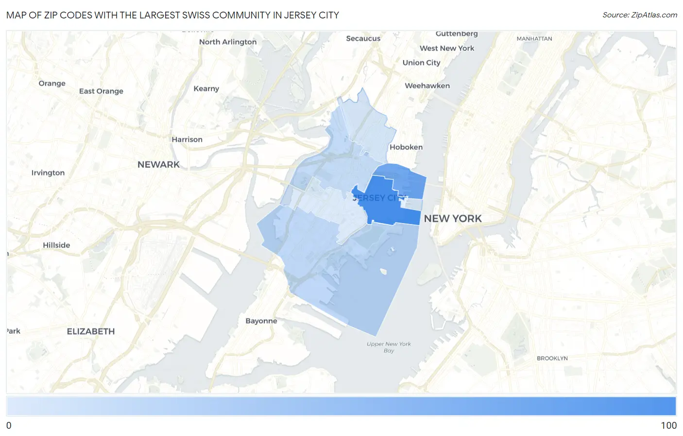 Zip Codes with the Largest Swiss Community in Jersey City Map