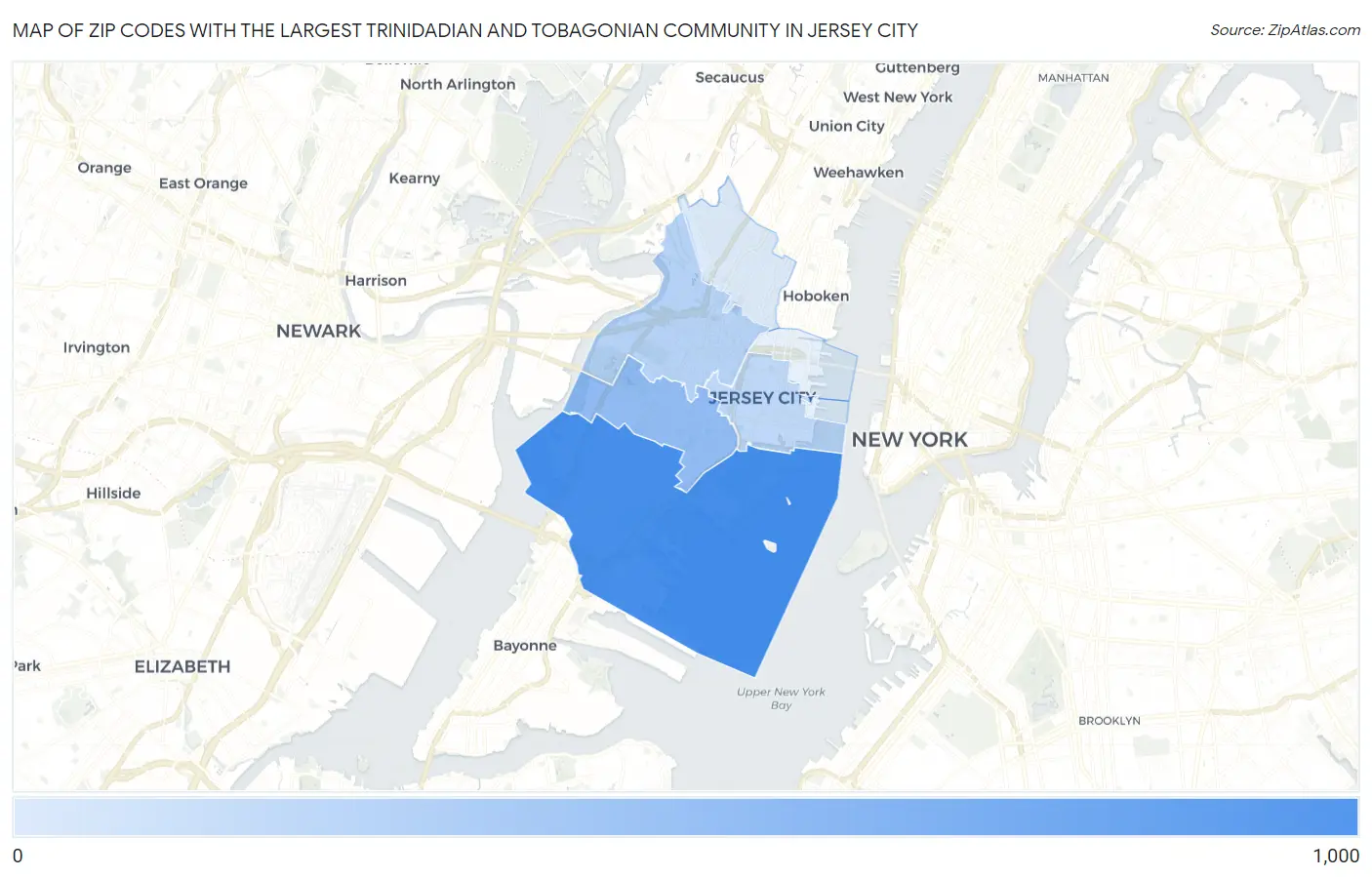 Zip Codes with the Largest Trinidadian and Tobagonian Community in Jersey City Map