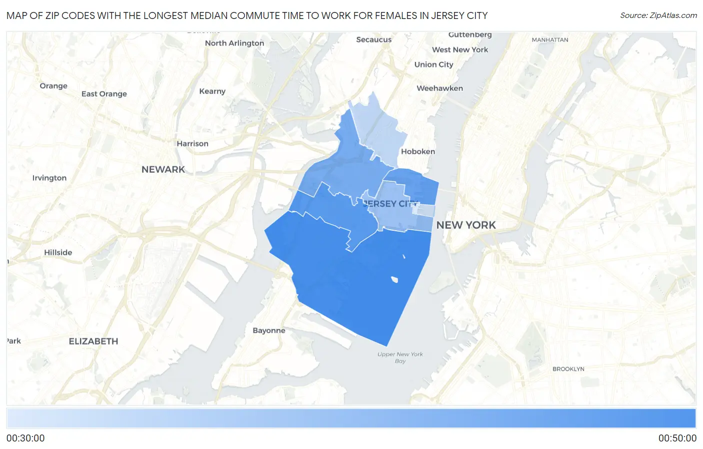 Zip Codes with the Longest Median Commute Time to Work for Females in Jersey City Map