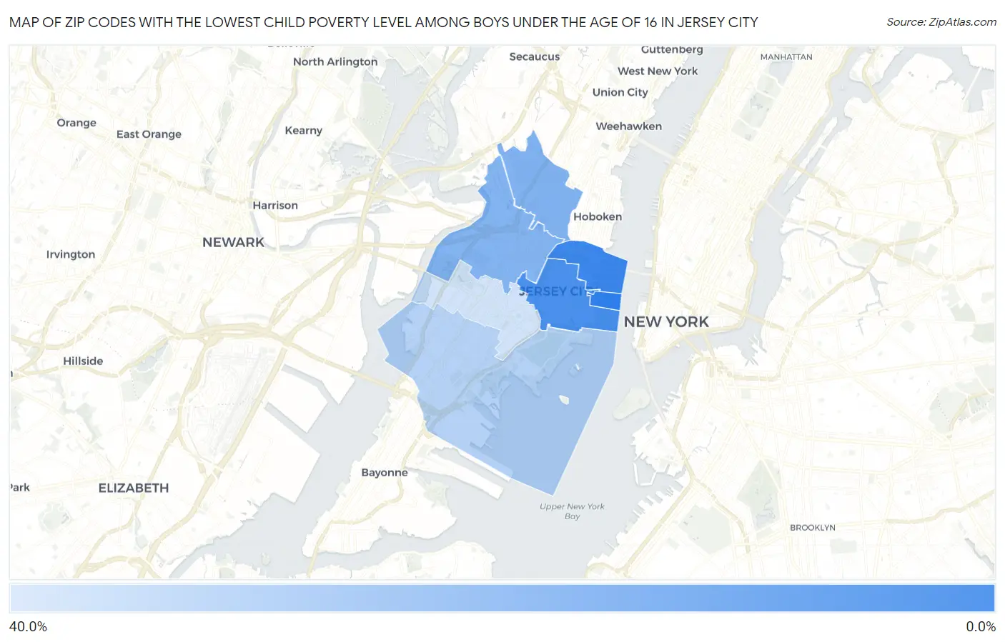 Zip Codes with the Lowest Child Poverty Level Among Boys Under the Age of 16 in Jersey City Map