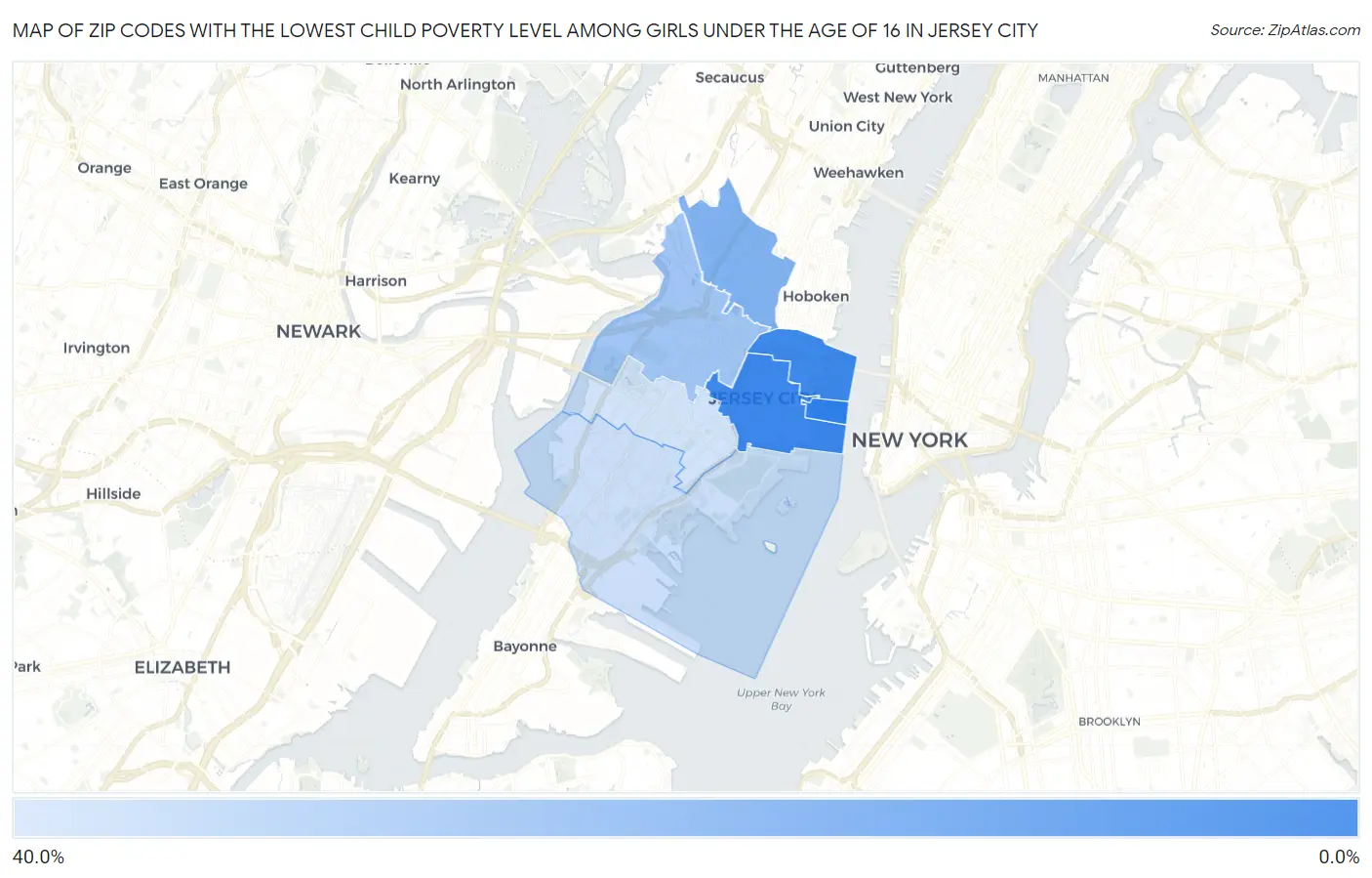 Zip Codes with the Lowest Child Poverty Level Among Girls Under the Age of 16 in Jersey City Map