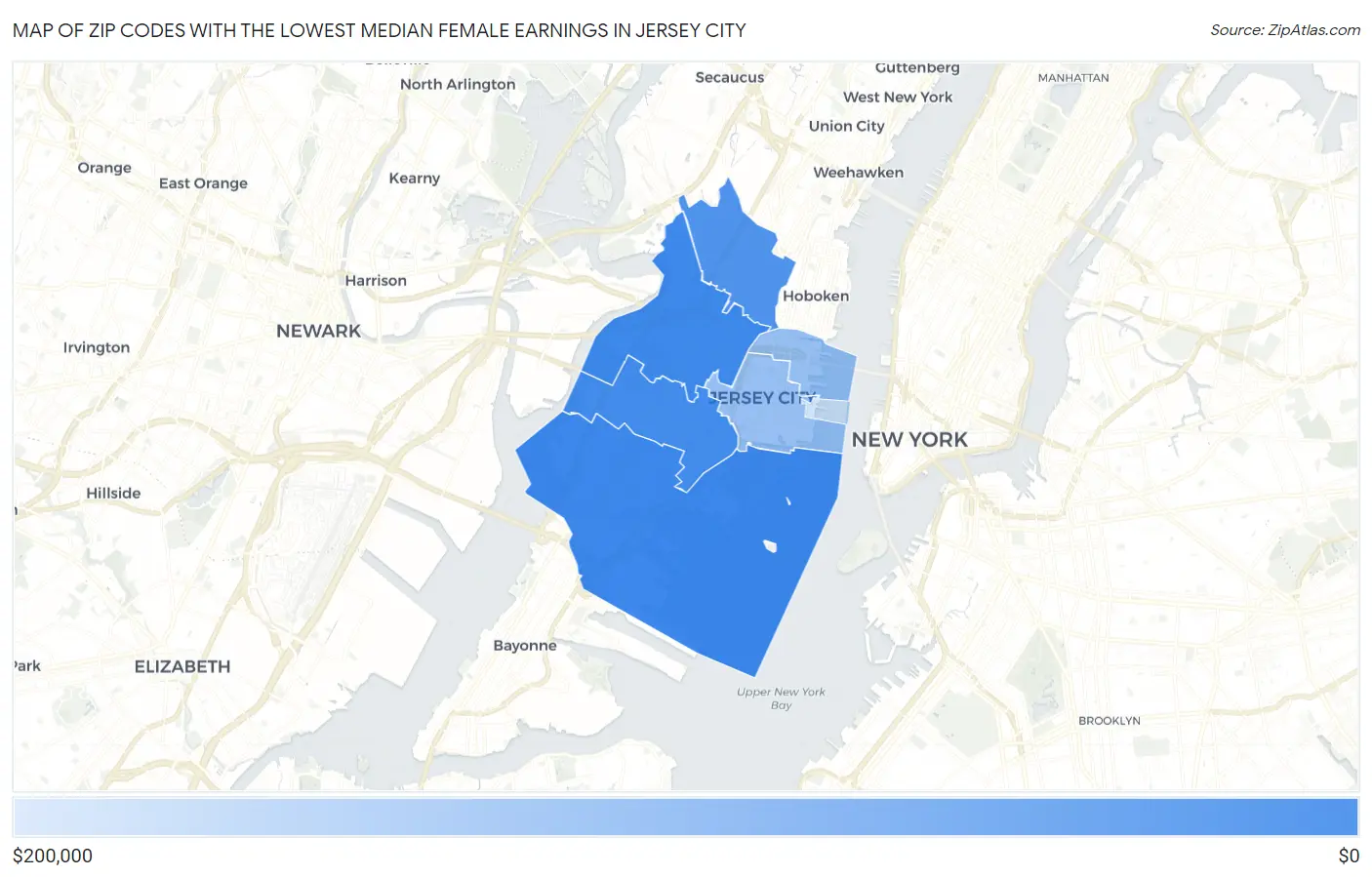 Zip Codes with the Lowest Median Female Earnings in Jersey City Map