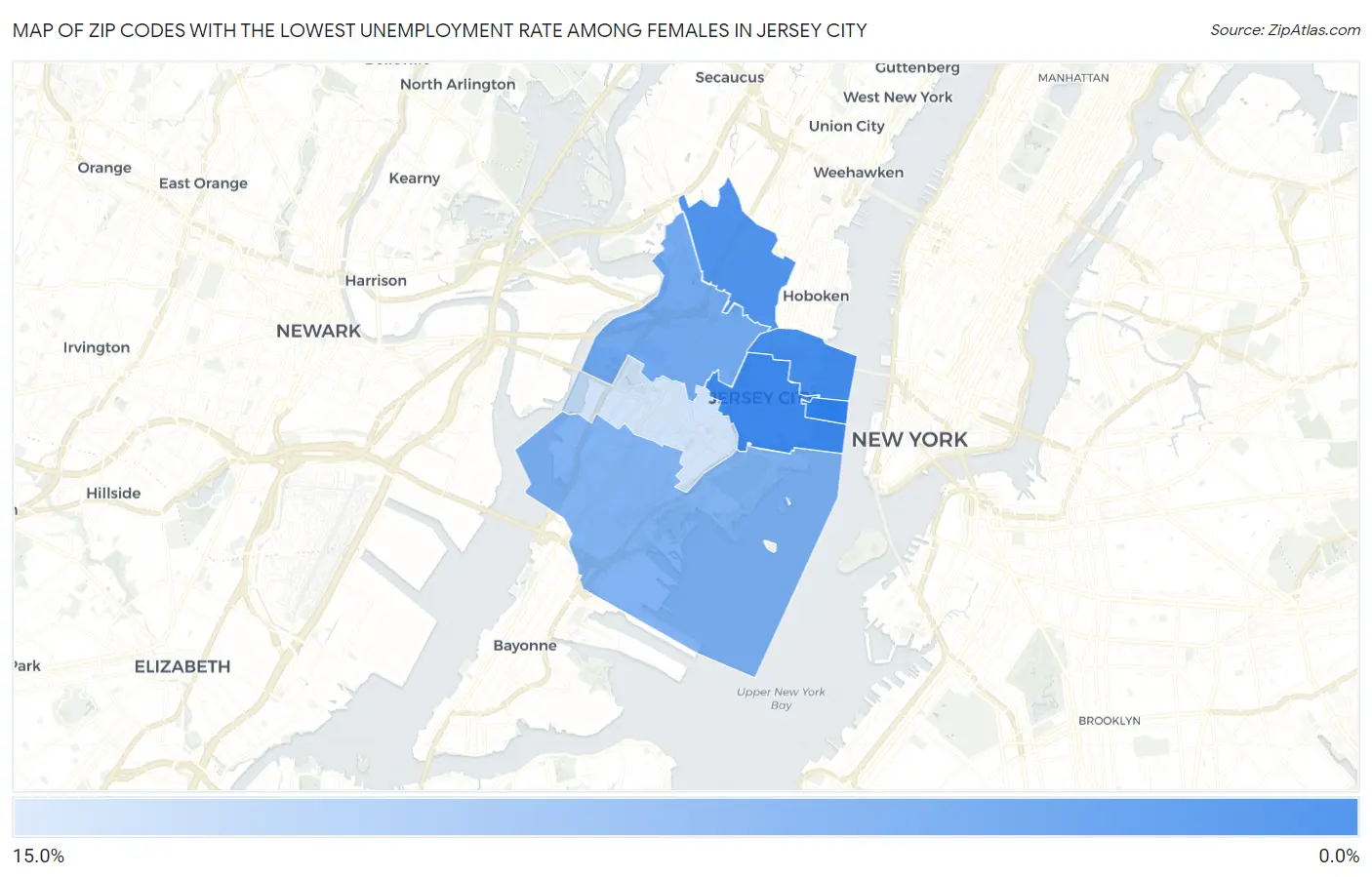 Zip Codes with the Lowest Unemployment Rate Among Females in Jersey City Map