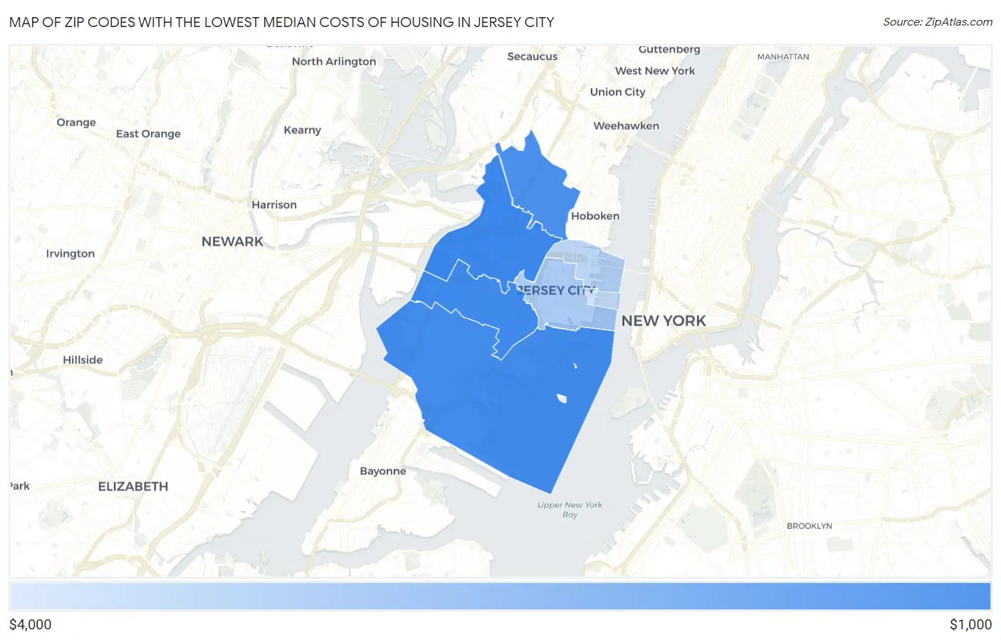 Zip Codes with the Lowest Median Costs of Housing in Jersey City Map