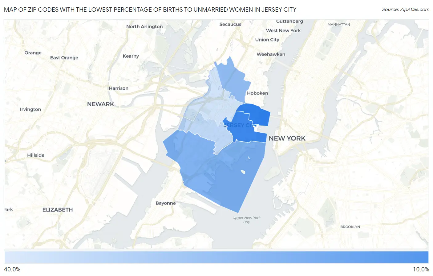 Zip Codes with the Lowest Percentage of Births to Unmarried Women in Jersey City Map