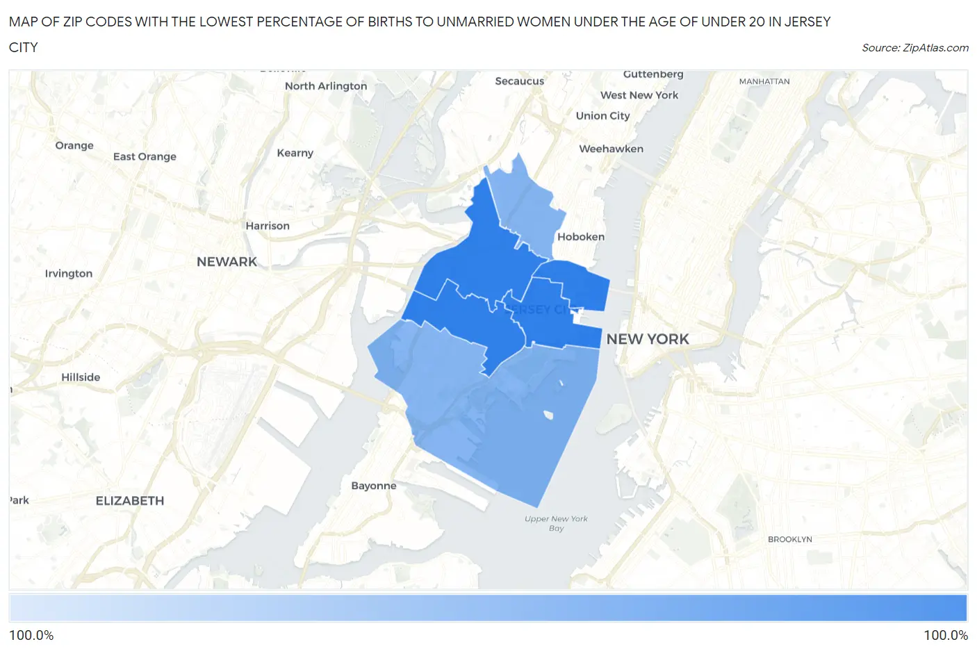Zip Codes with the Lowest Percentage of Births to Unmarried Women under the Age of under 20 in Jersey City Map