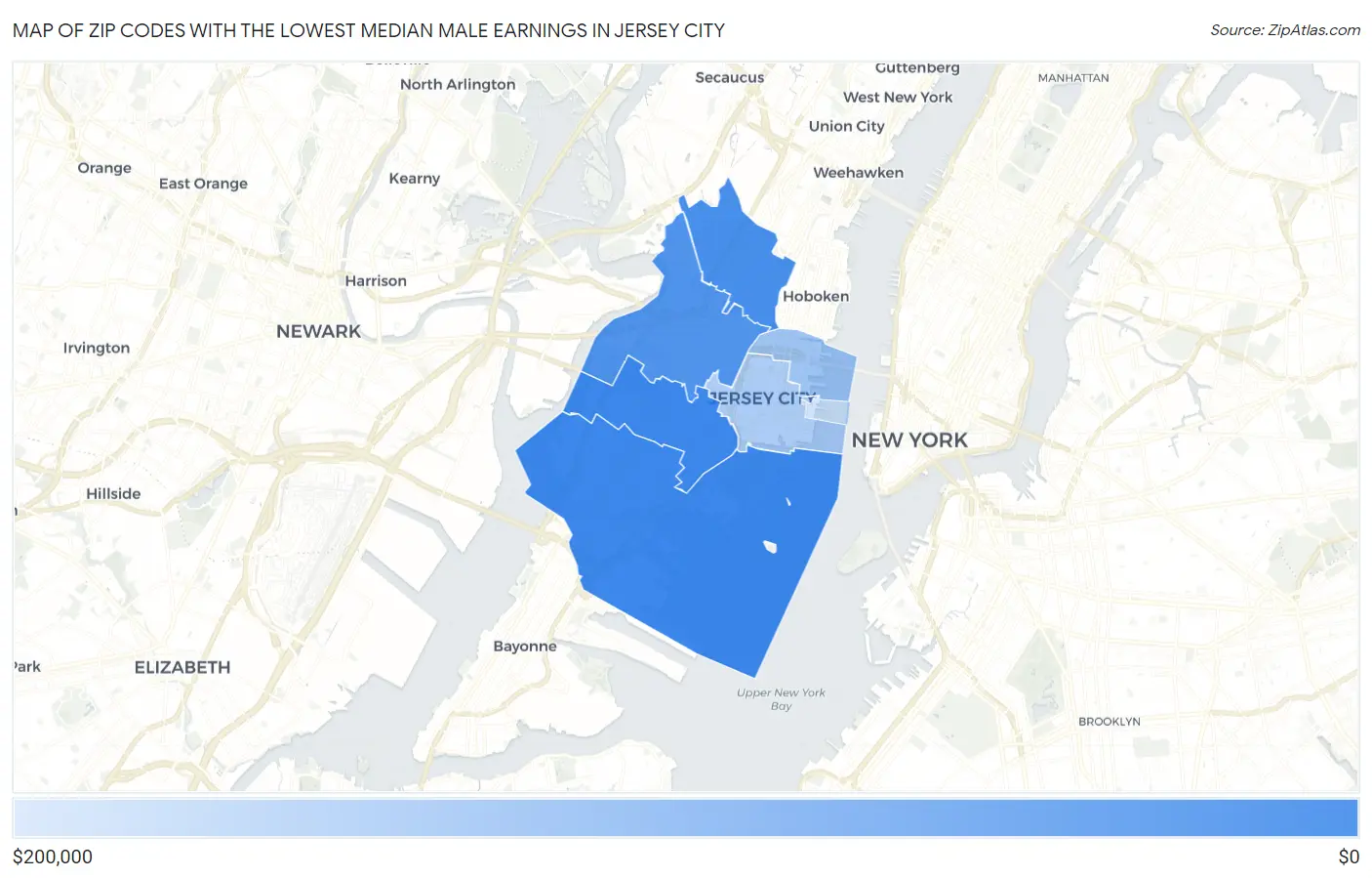 Zip Codes with the Lowest Median Male Earnings in Jersey City Map