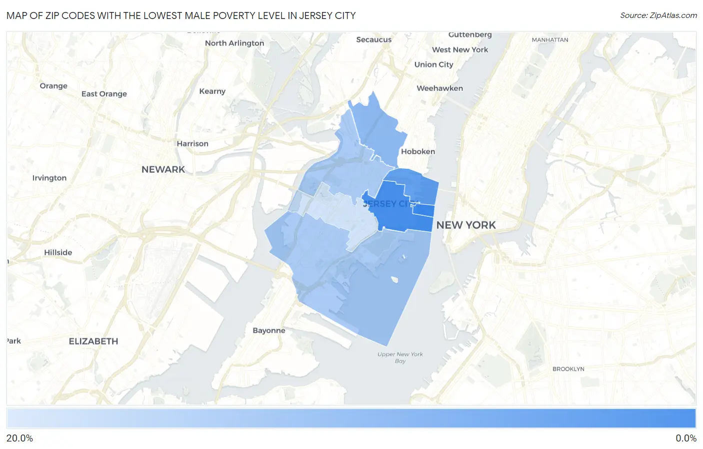 Zip Codes with the Lowest Male Poverty Level in Jersey City Map