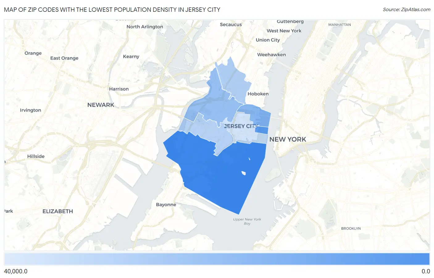 Zip Codes with the Lowest Population Density in Jersey City Map