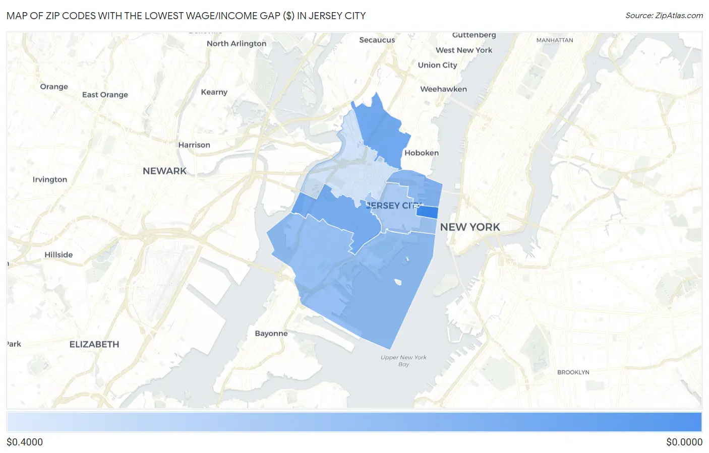Zip Codes with the Lowest Wage/Income Gap ($) in Jersey City Map